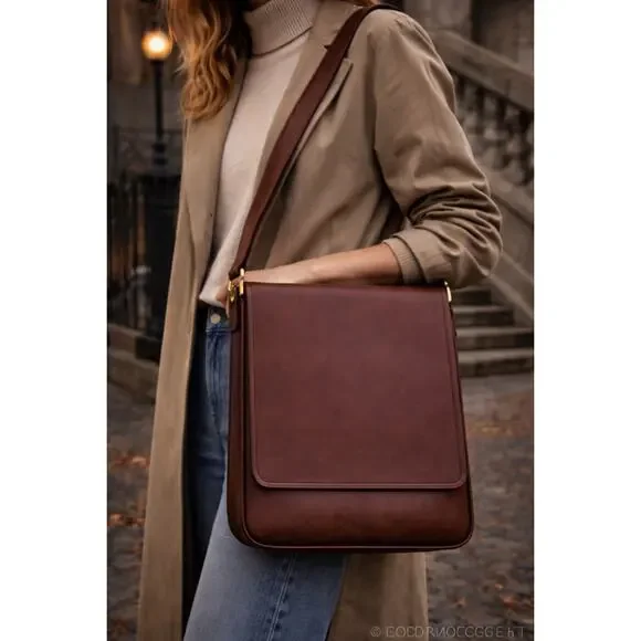 Vtg Coach USA Brown Leather Flap Crossbody Bag Minimalist Courier Style D2S-06H - Picture 1 of 8